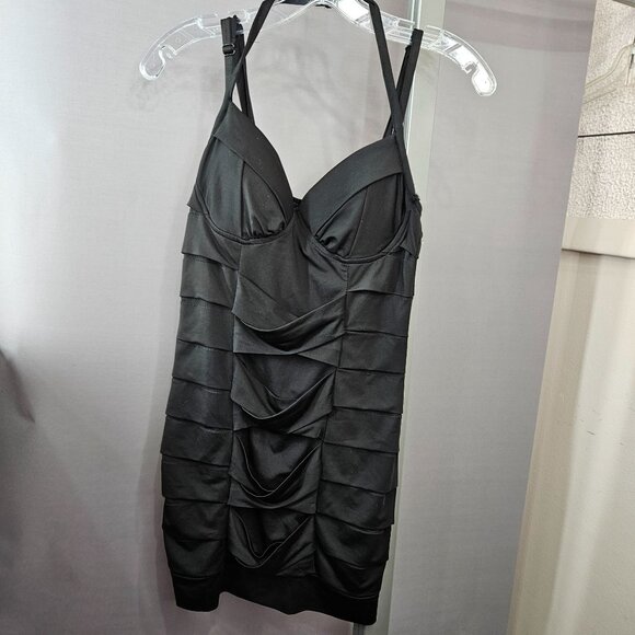 XXI Mini Body Con Dress M Black Layered Ruffle Adjust Shoulder Halter Padded Cup - Picture 8 of 12